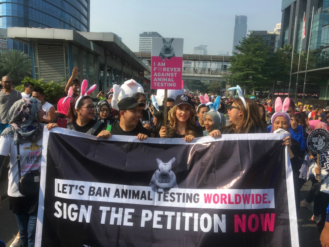 Marching on the streets of Jakarta to fight against animal testing.